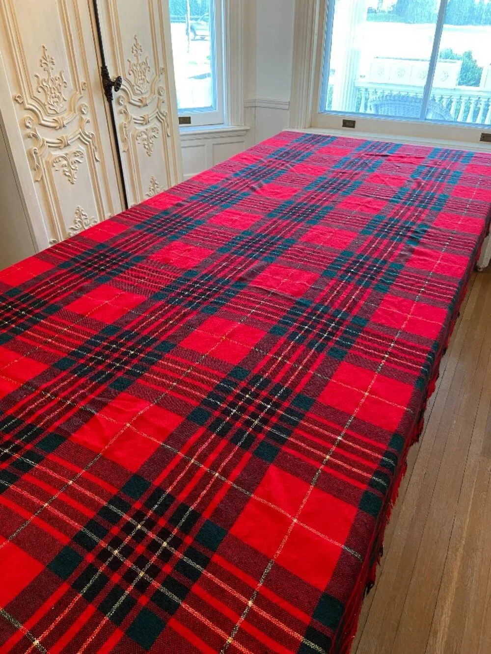 vintage plaid tablecloth set, red tartan holiday tablecloth, Christmas plaid